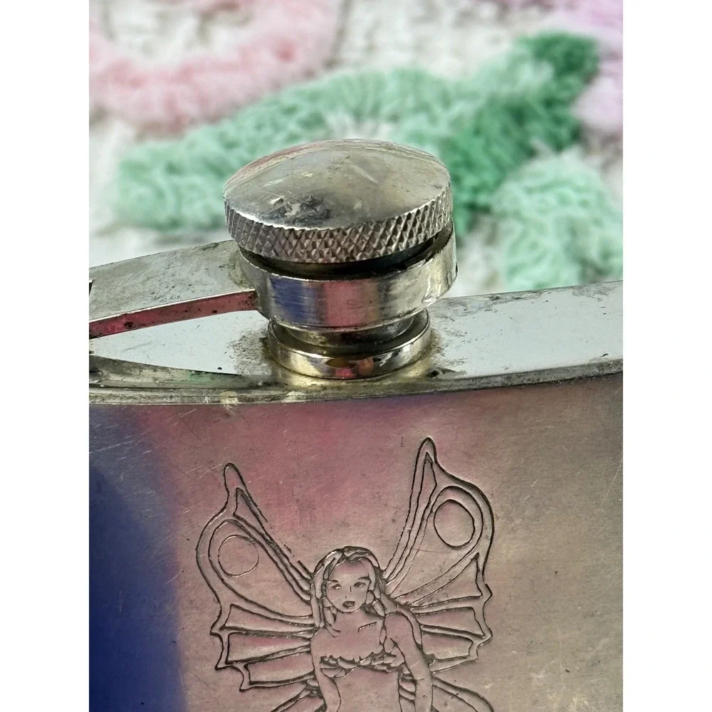Vintage Fairy Etched Stainless Steel Hip Flask 5oz Silver Y2K Whimsigoth Pocket